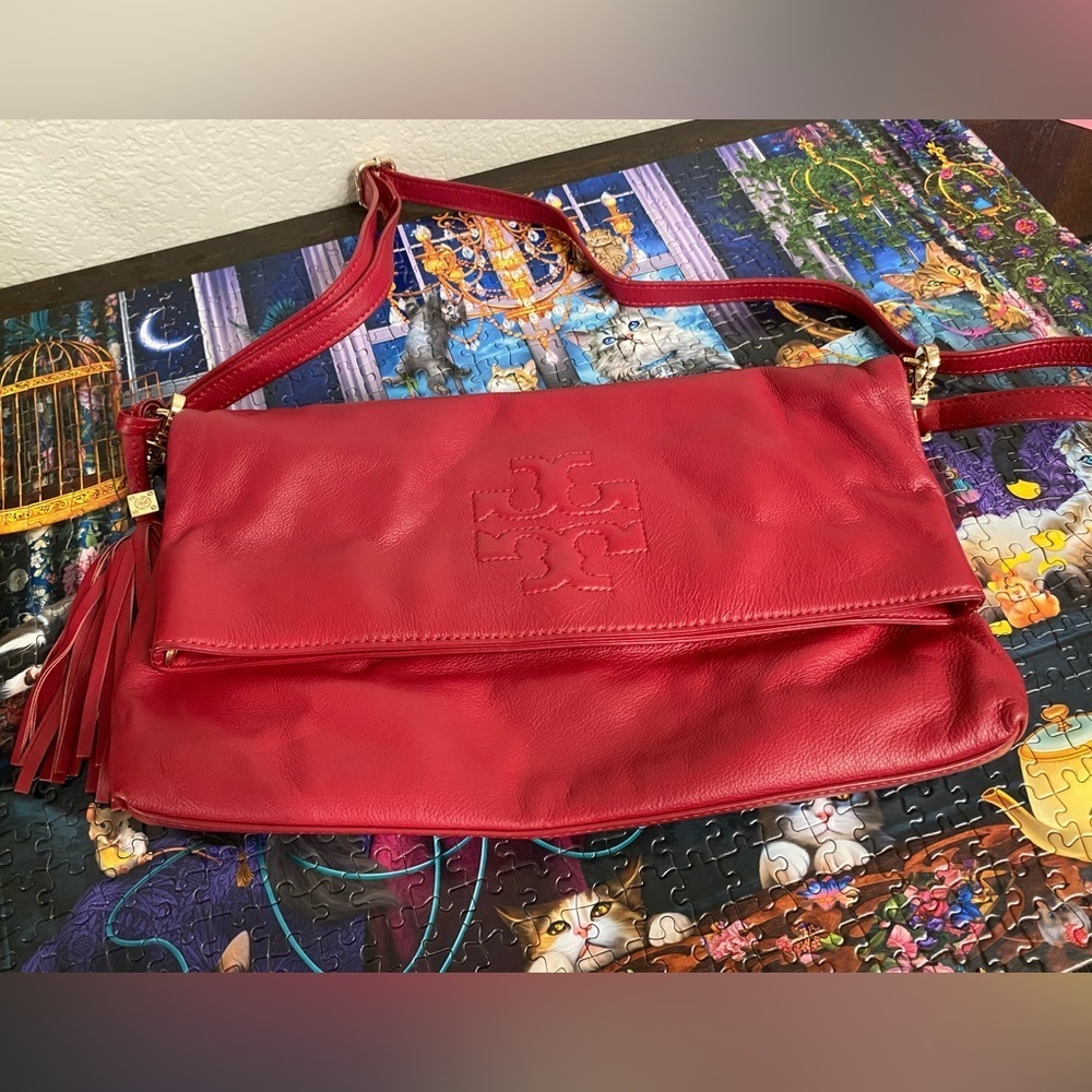 Tory Burch LIKE NEW Red Leather Thea Tassel Fold Over Crossbody Bag